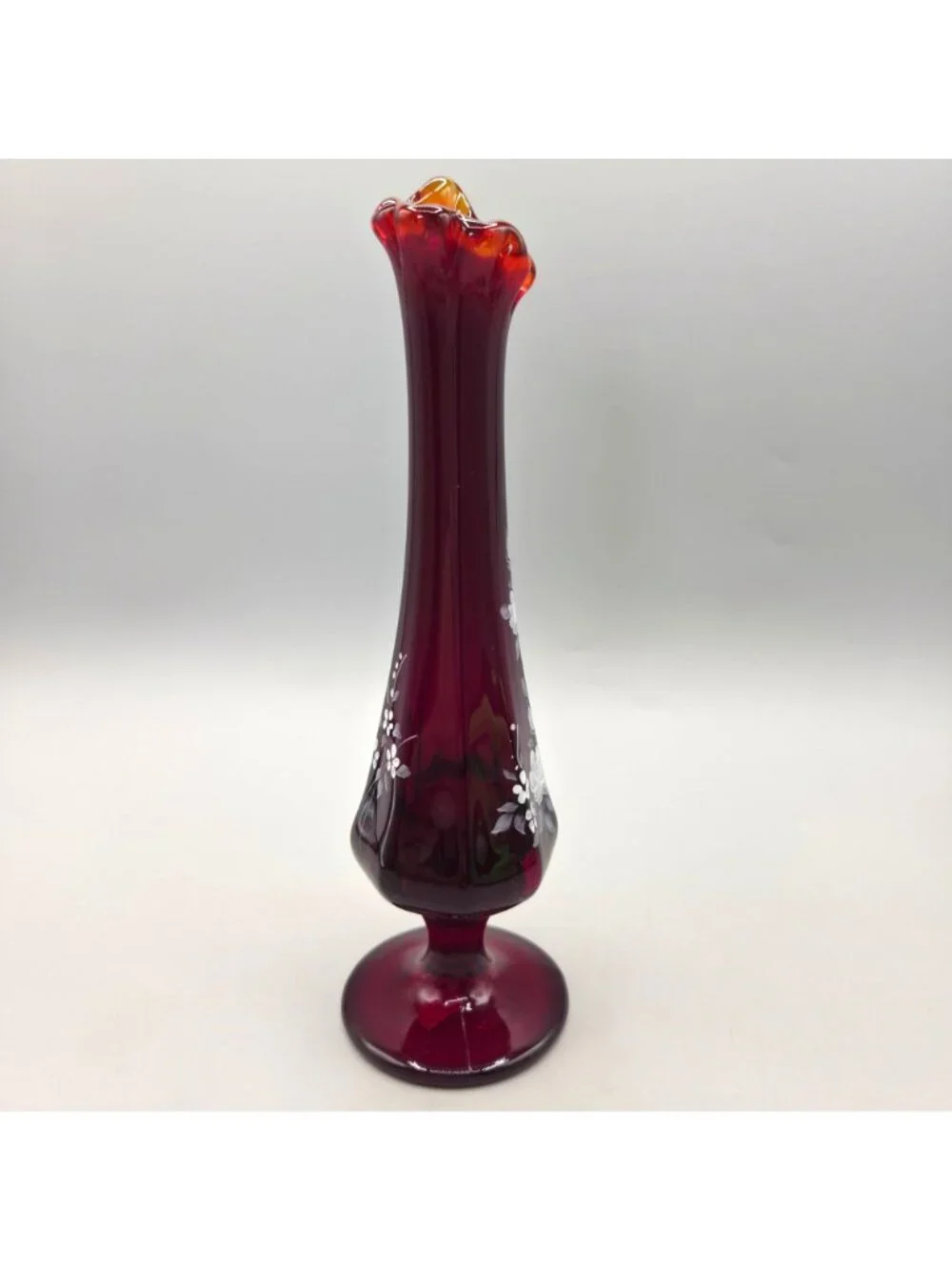 Fenton Ruby Red Swung Bud Vase Vesper Roses Hand Painted Signed E Thomas UV 8